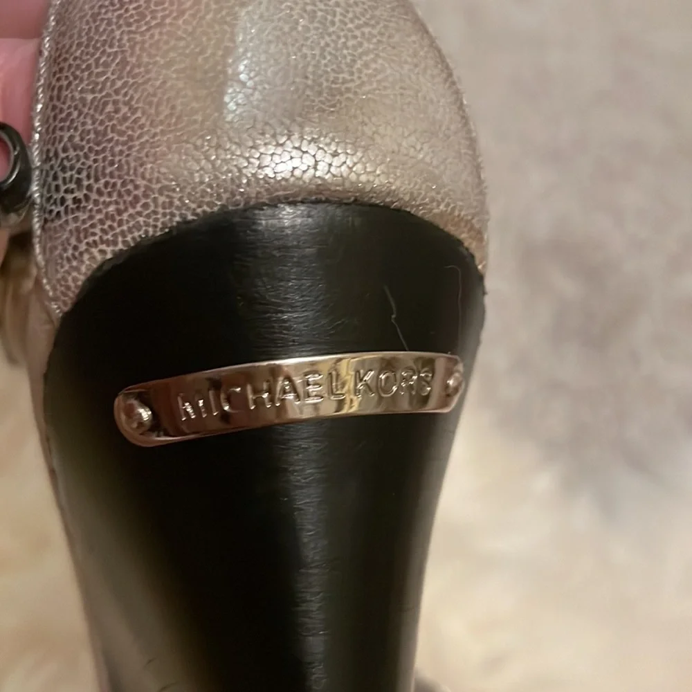 Michael Kors Silver Leather Heeled Sandals w/ Ankle Straps